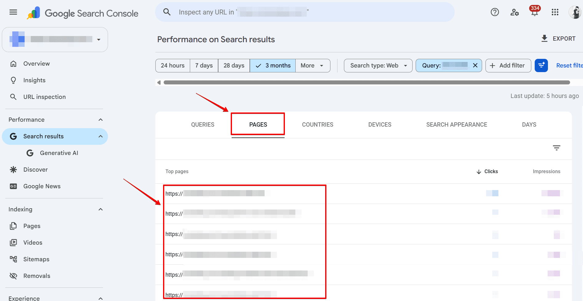 List of pages that rank for given query Pages tab in GSC