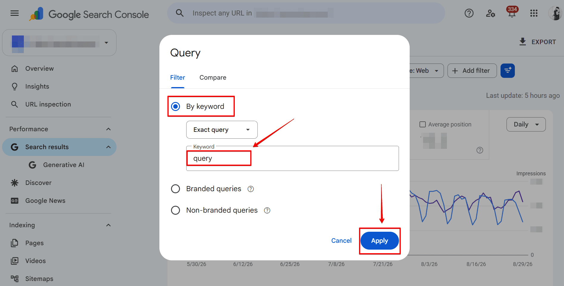 Type your query in GSC Typing query in GSC to filter keywords