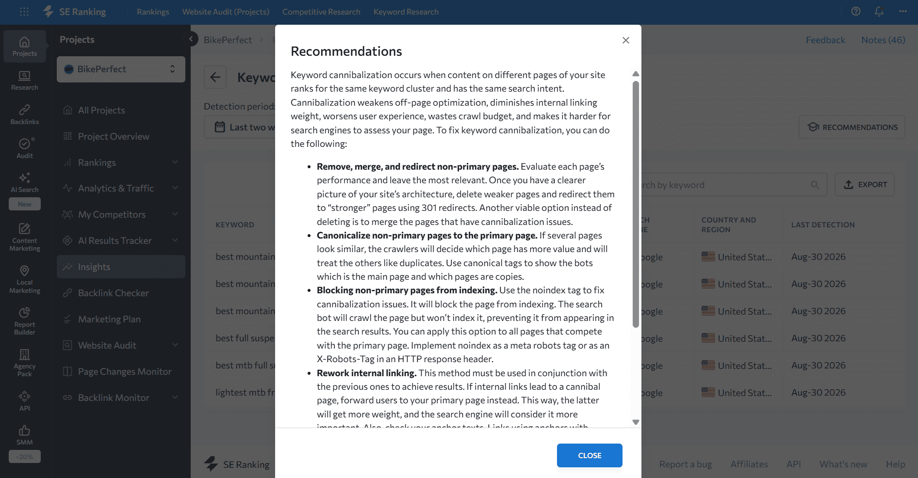 Insights tool recommendations on fixing keyword cannibalization SE Ranking Insights tool recommendations on how to fix keyword cannibalization