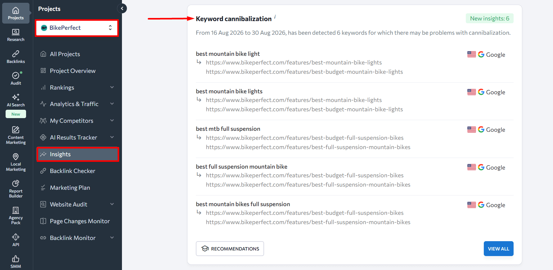 SE Ranking's Insights on keyword cannibalization SE Ranking's Insights tool