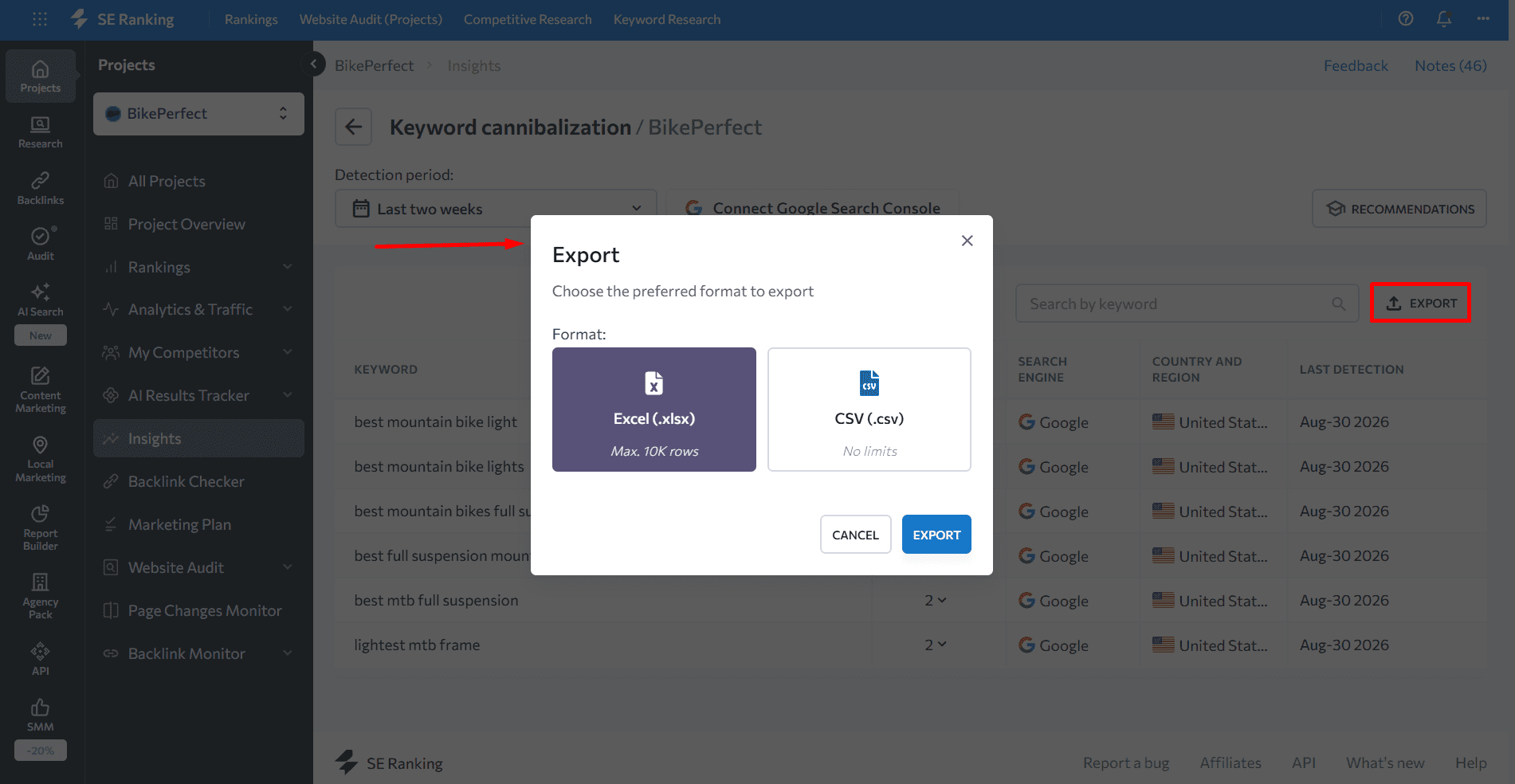 Export data on keyword cannibalization SE Ranking Insights tool export options of the keyword cannibalization report