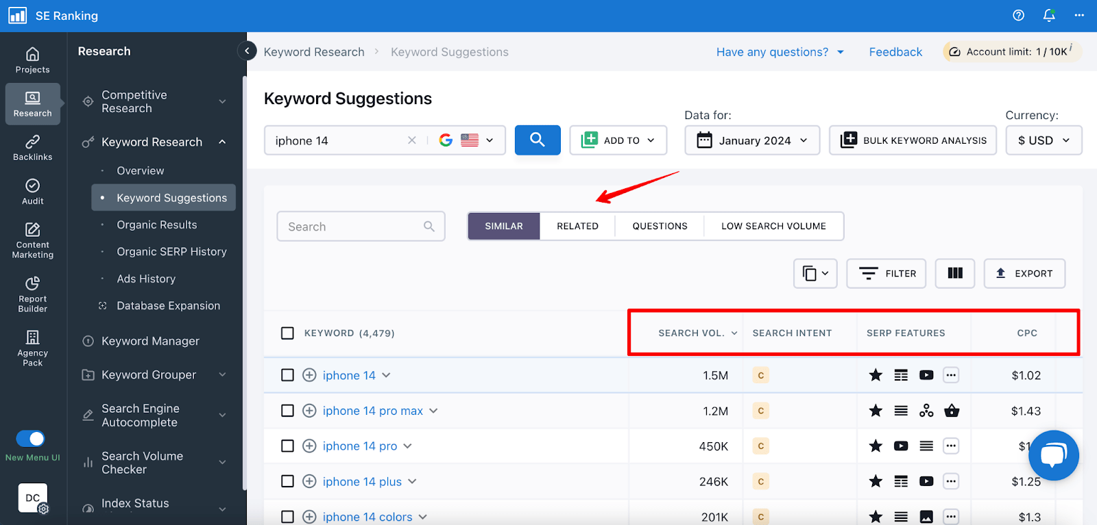 SE Ranking’s Keyword Research tool