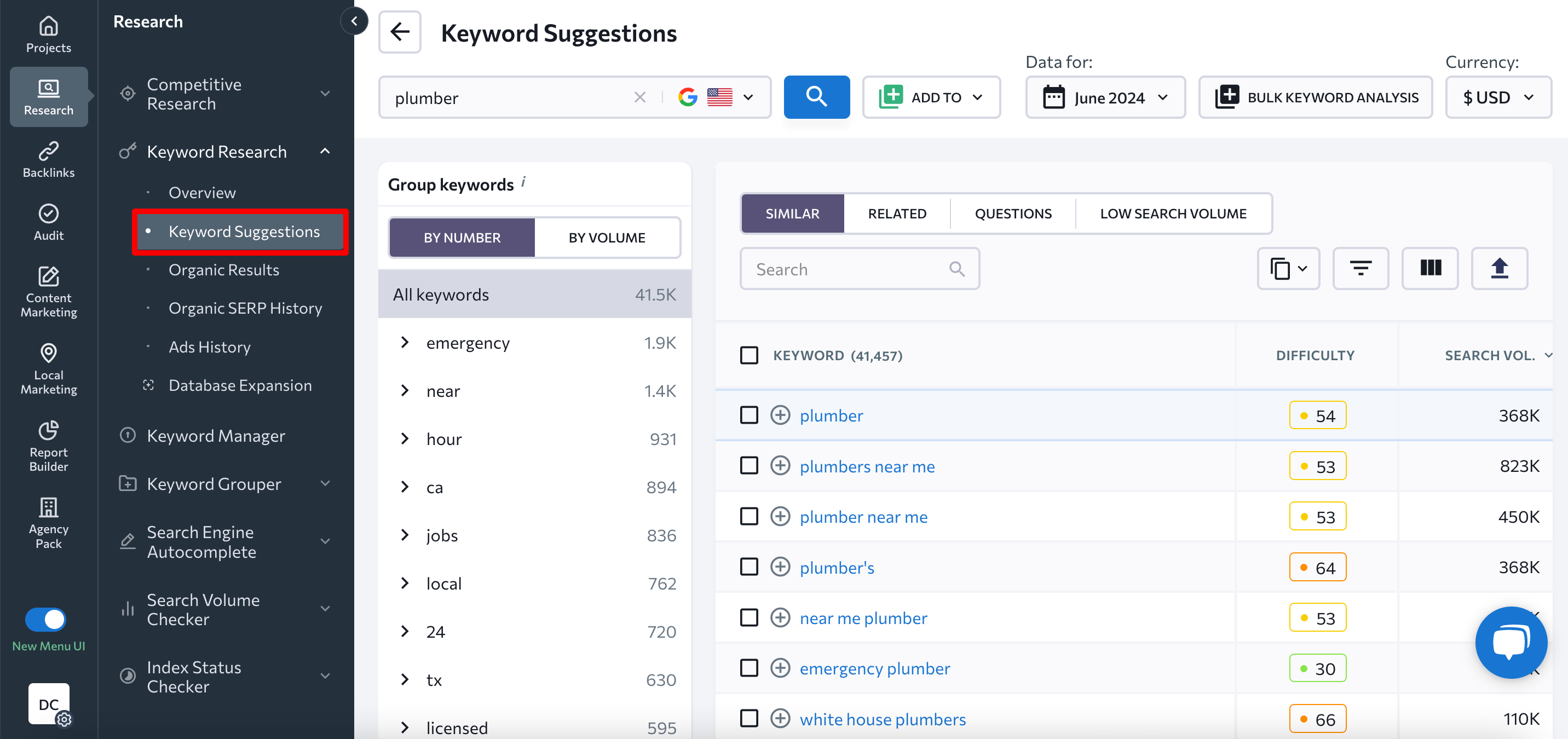 Keyword suggestions in SE Ranking’s Keyword Research tool