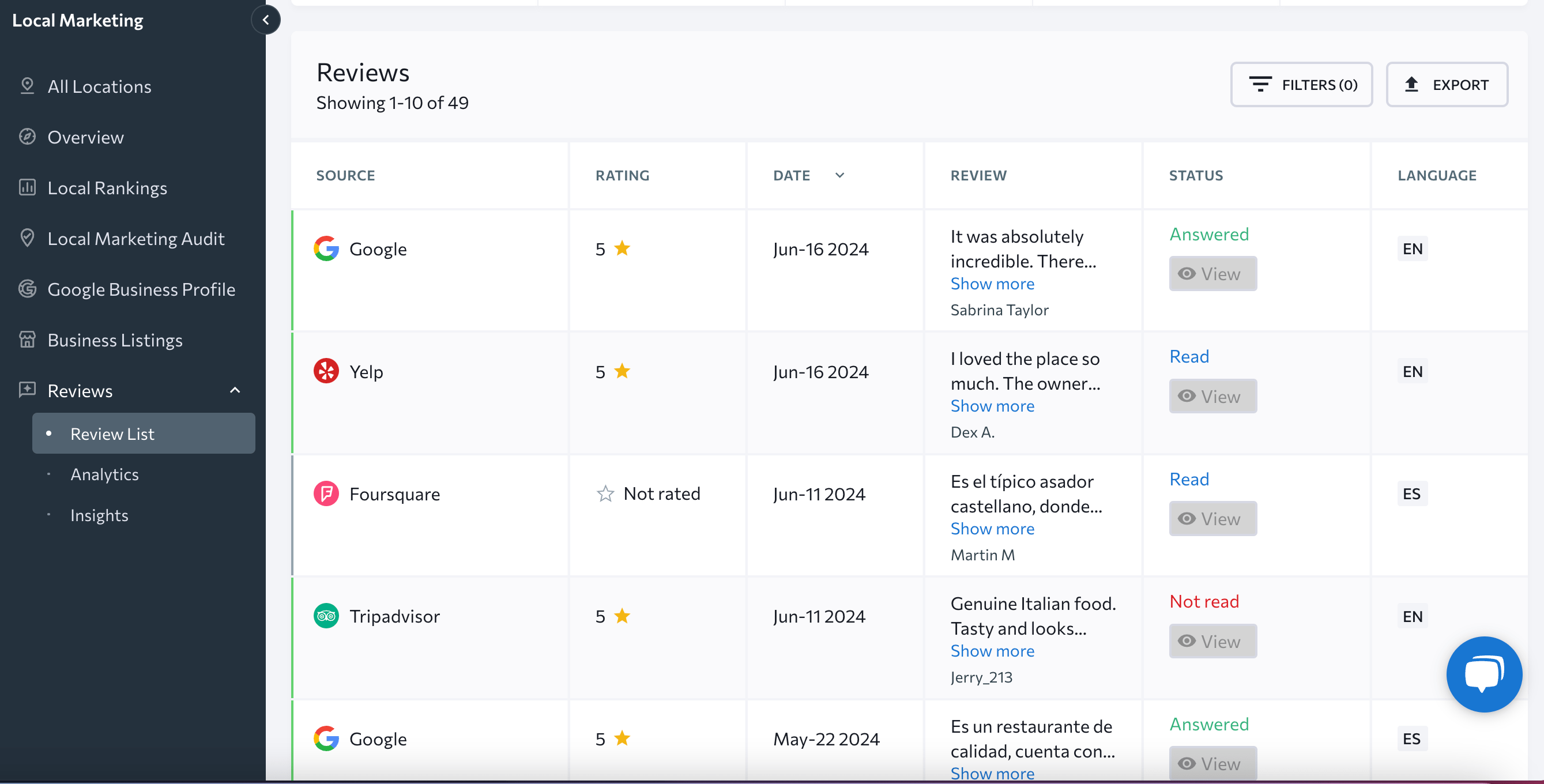 Reviews in SE Ranking’s Local Marketing tool