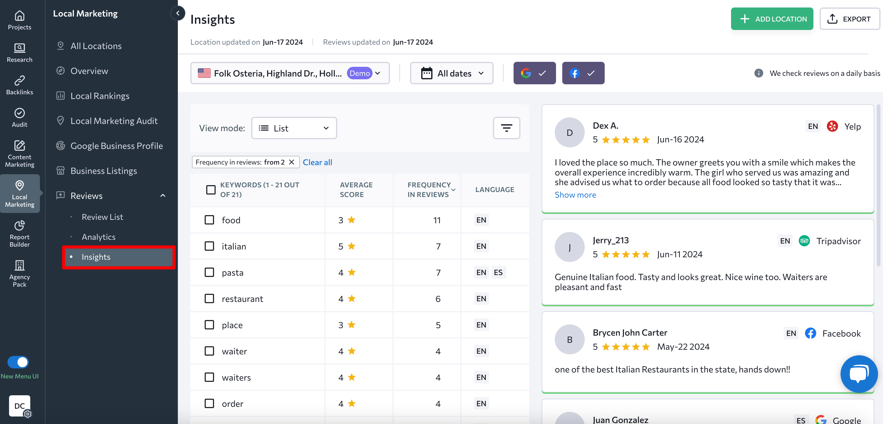 Insights section in SE Ranking’s Local Marketing