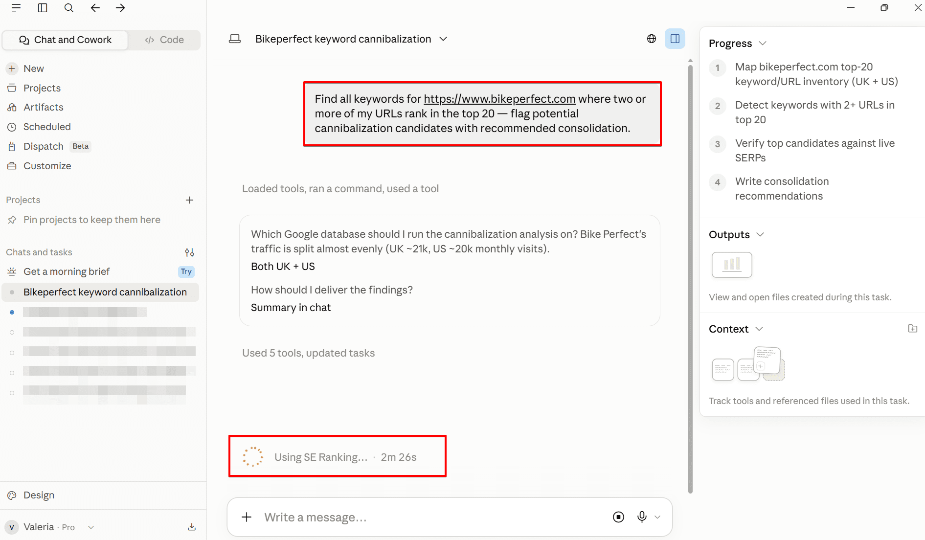 Detecting cannibalization issues through SE Ranking MCP inside Claude SE Ranking's MCP connected to Claude to detect cannibalization issues