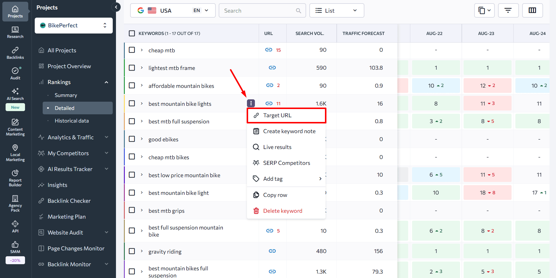 Add a target URL to the keyword Adding a target URL to any keyword in Rank Tracker by SE Ranking