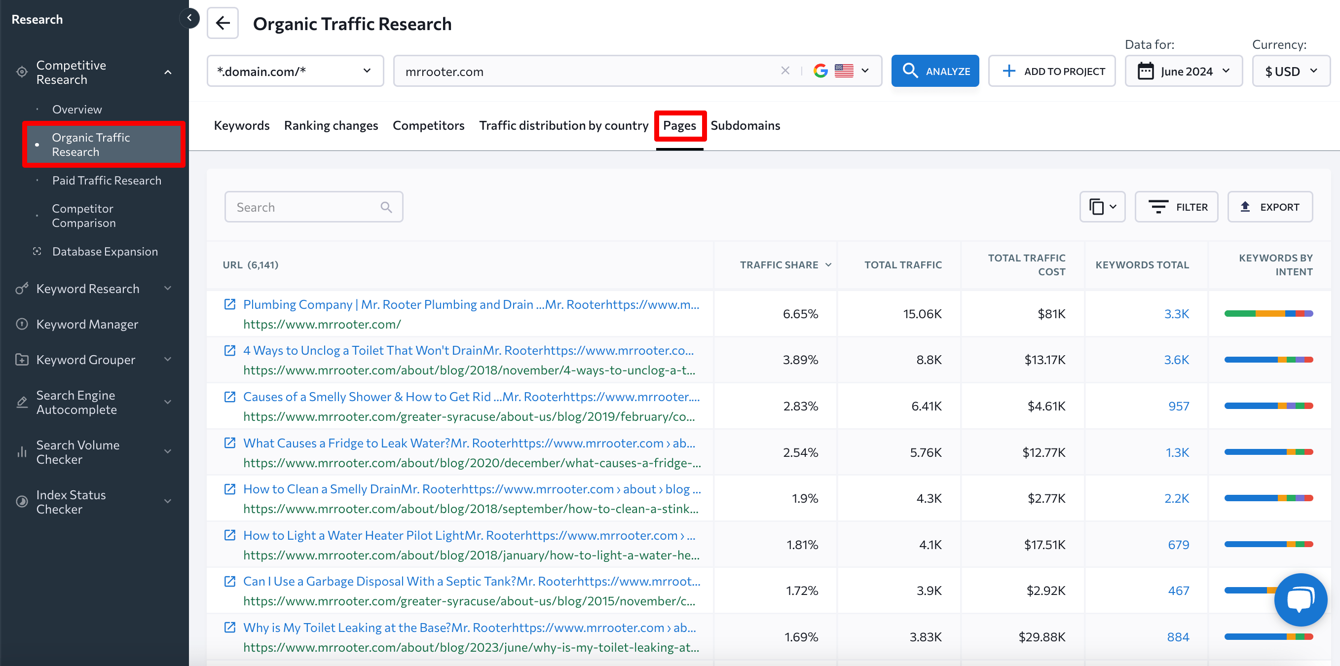 Pages option in SE Ranking’s Competitor Research feature