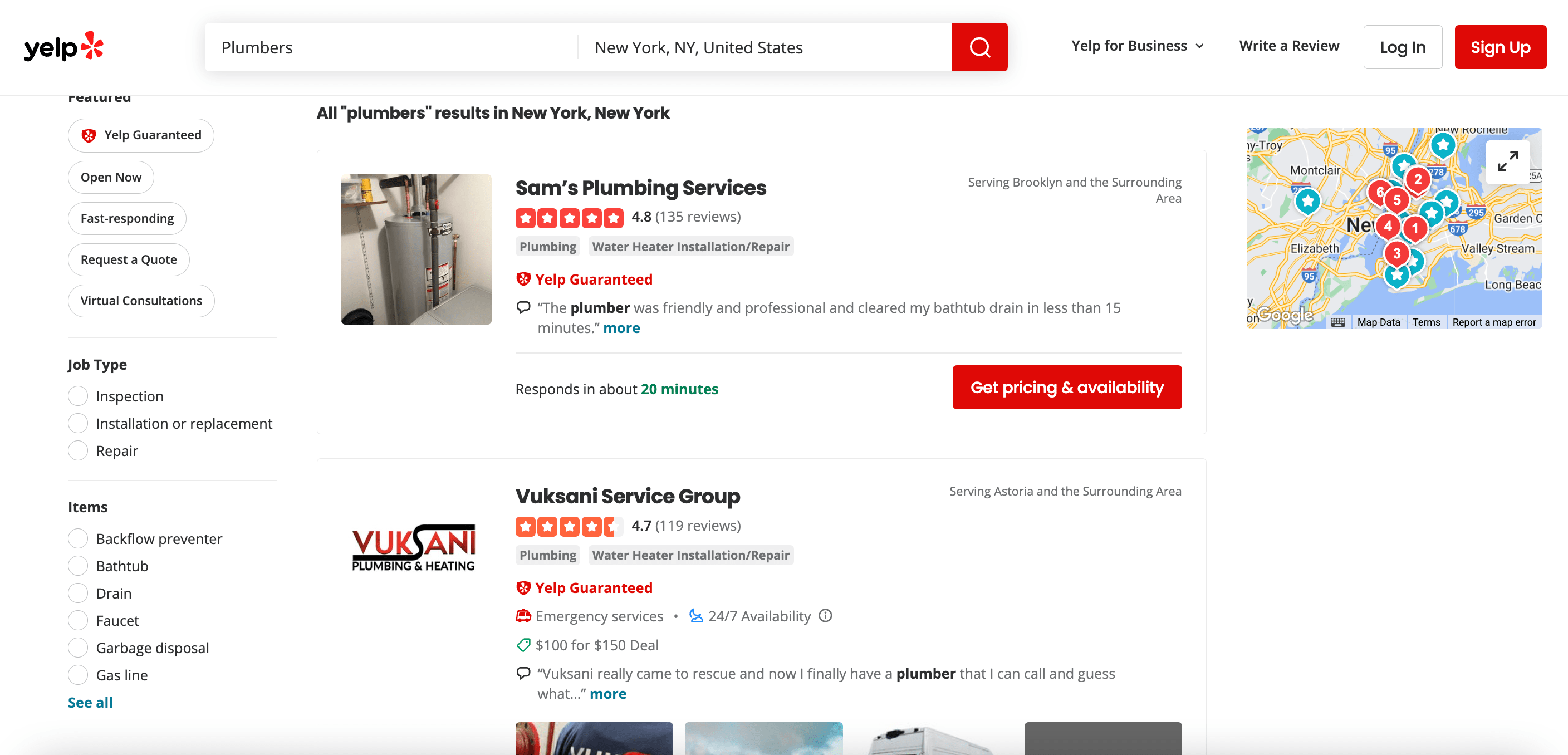 Plumber listings on Yelp