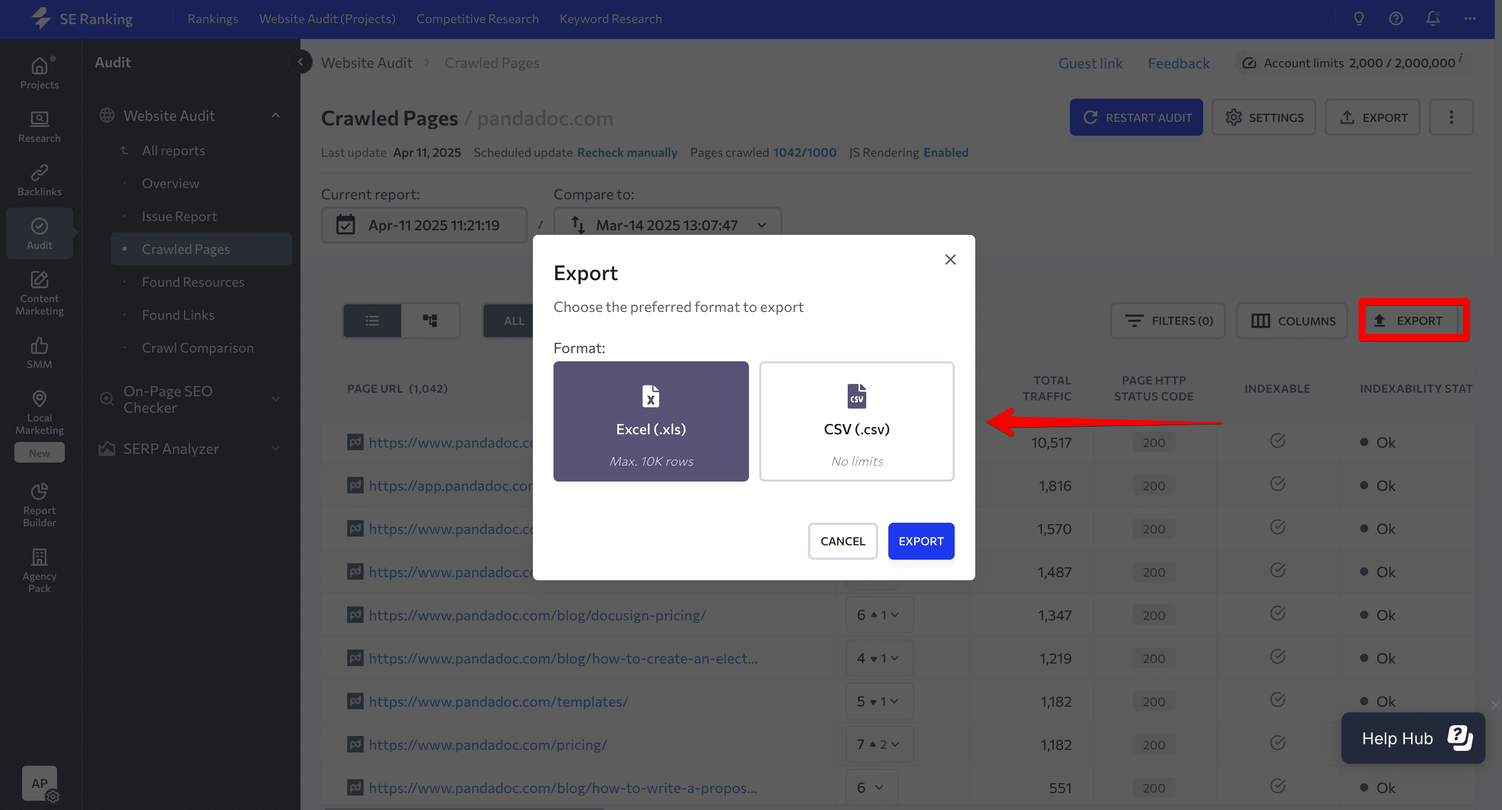 Export data from Website Audit tool