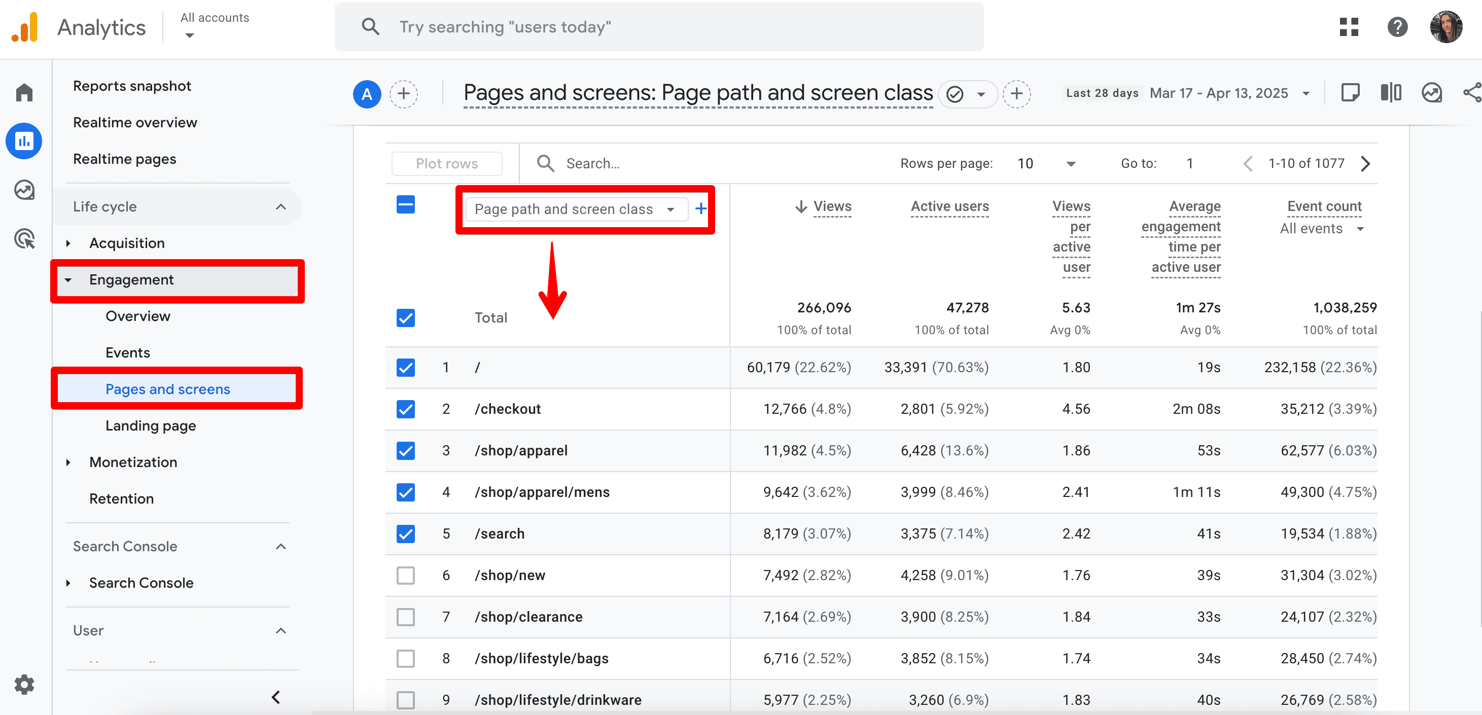 Pages and screens report in GA