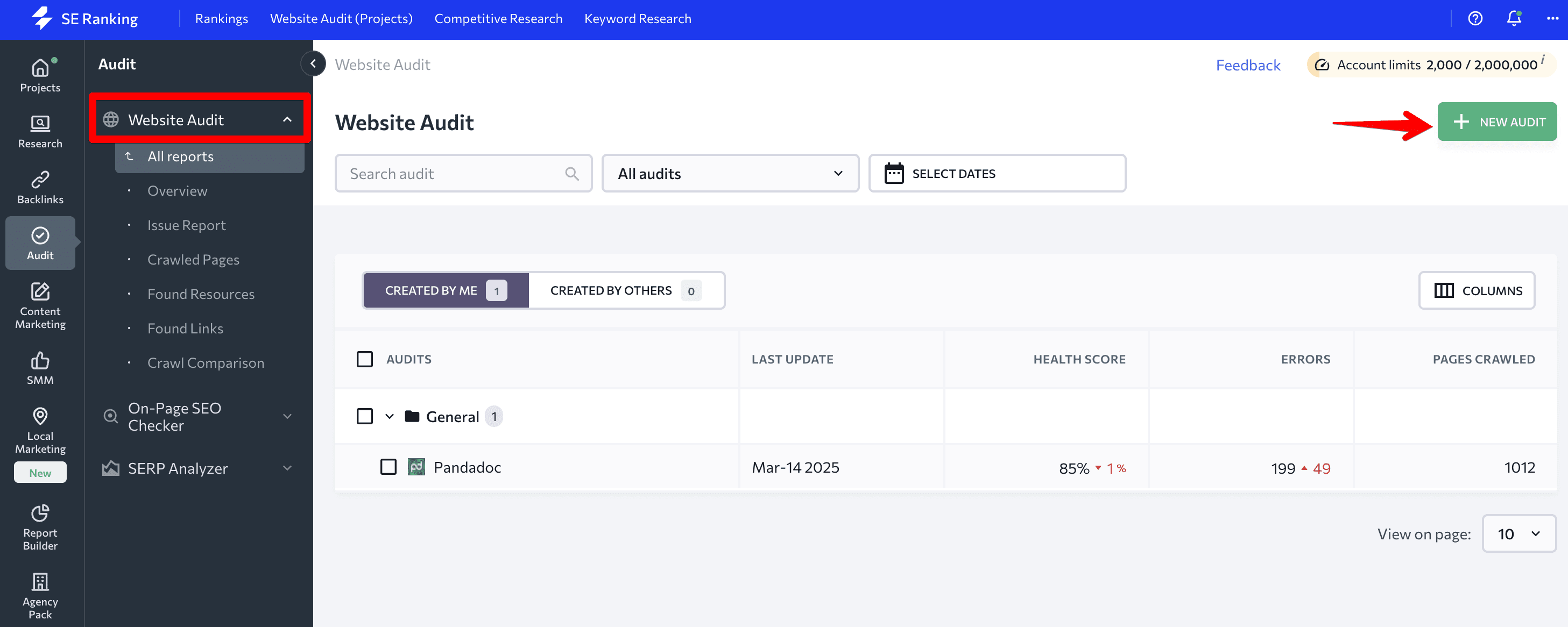 SE Ranking's Website Audit tool 