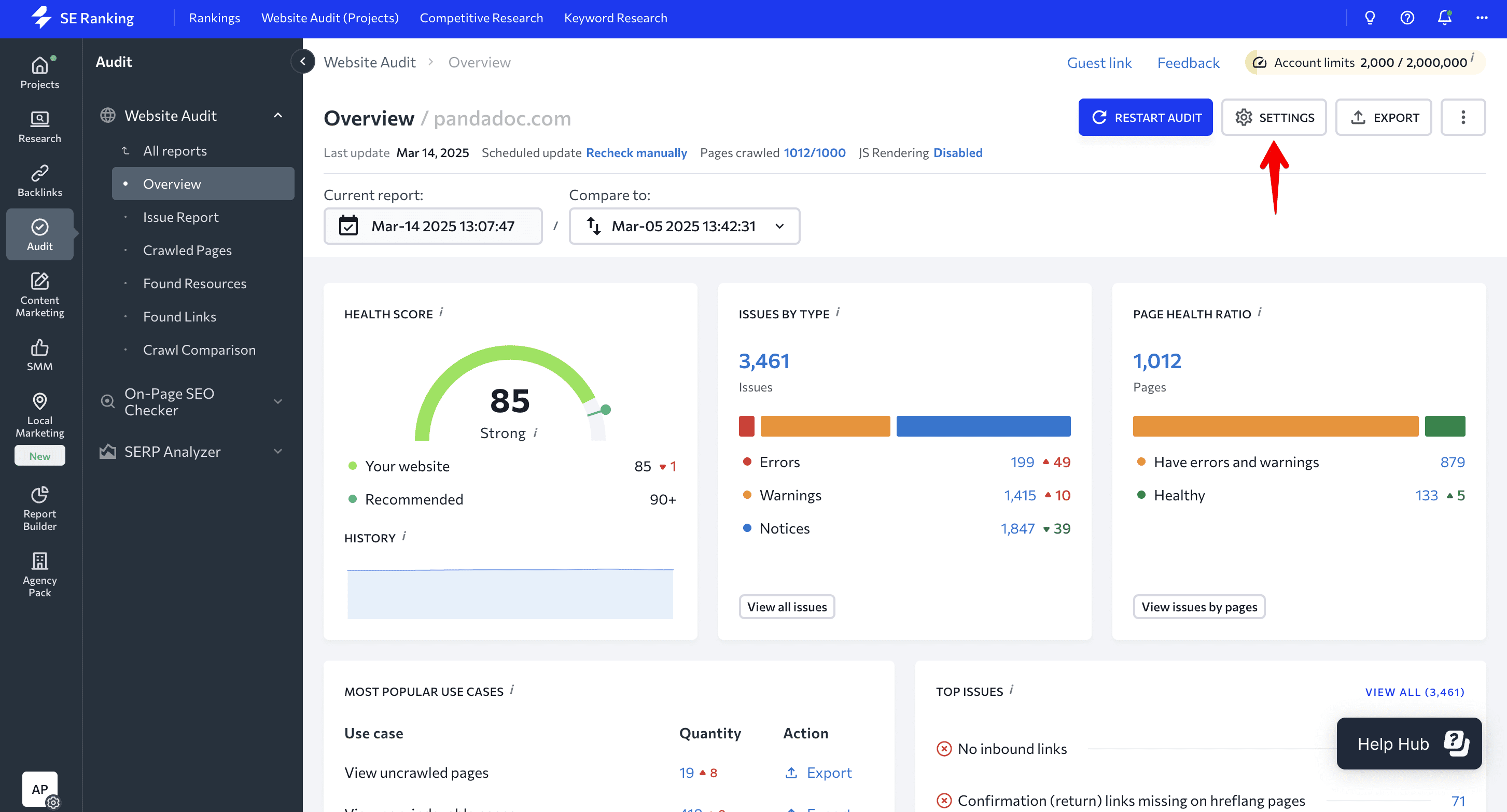 Open Website Audit settings