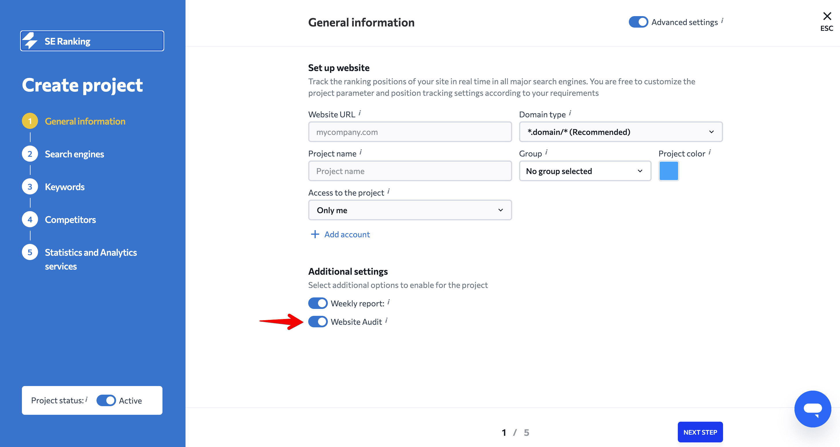 Website Audit enabled during project setup