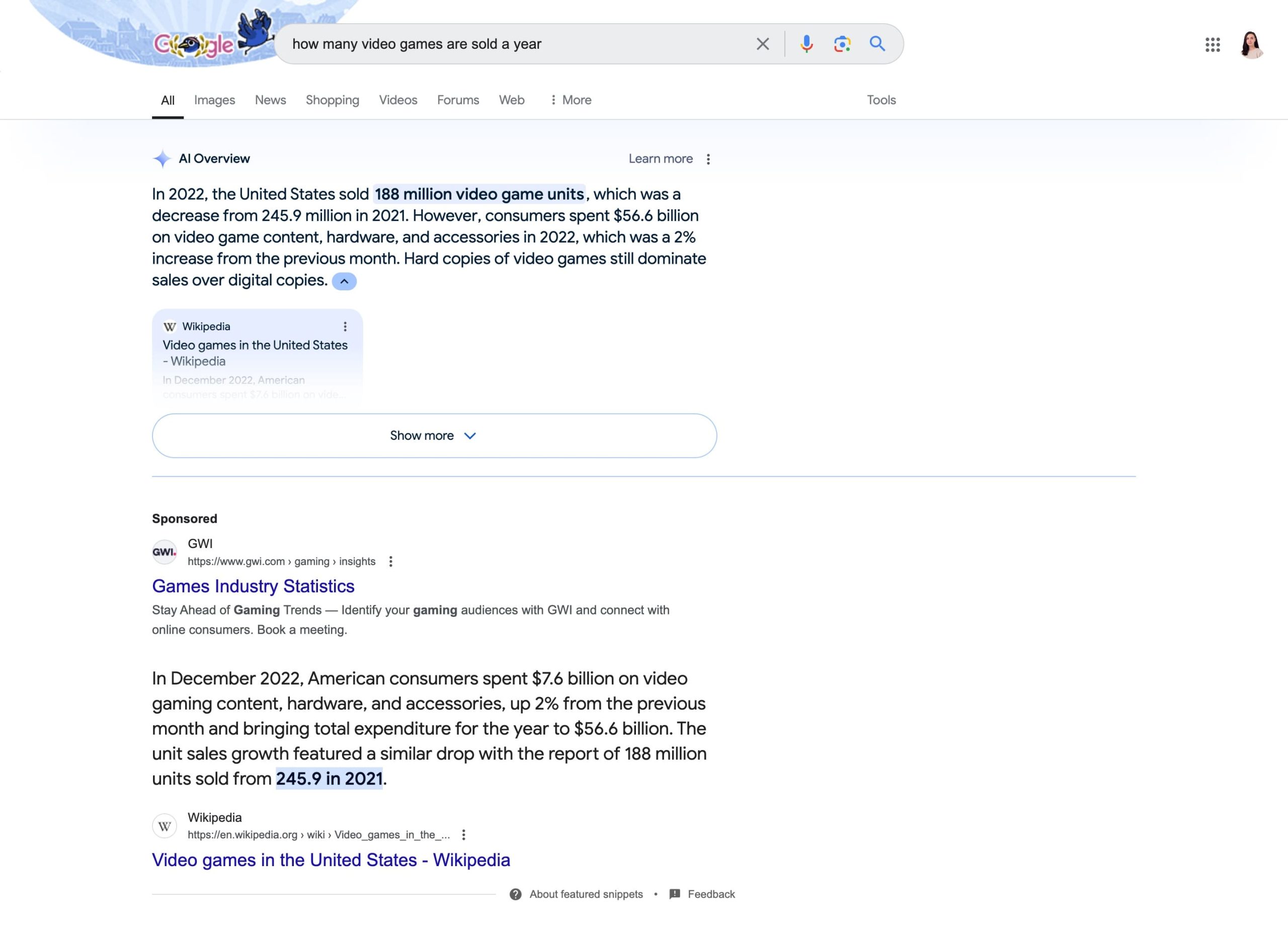 Wikipedia linked in an AI Overview and in a featured snippet