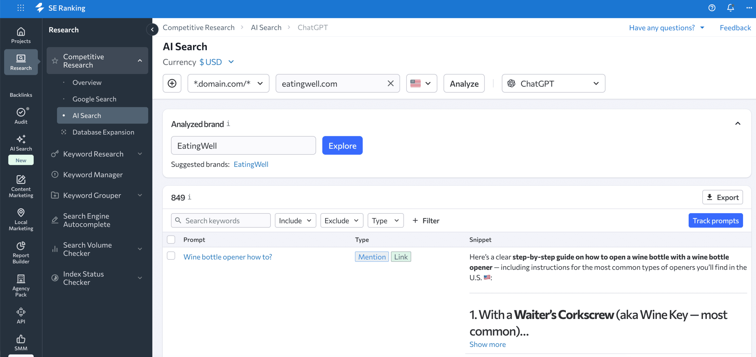 Get the list of AI search prompts AI search prompts in Competitive Research