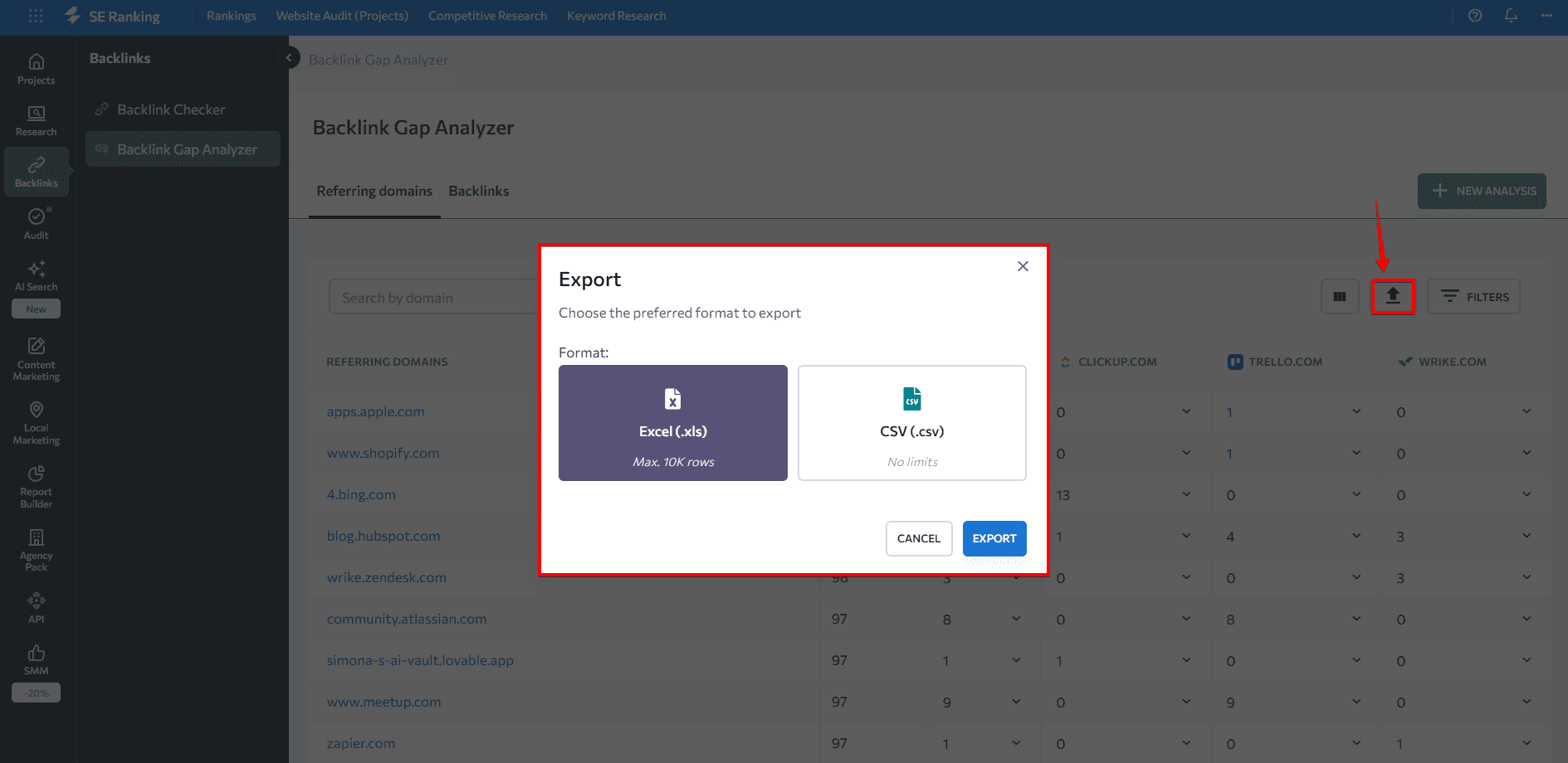 Export options in SE Ranking's Backlink Gap Analyzer Export button in SE Ranking's Backlink Gap Analyzer