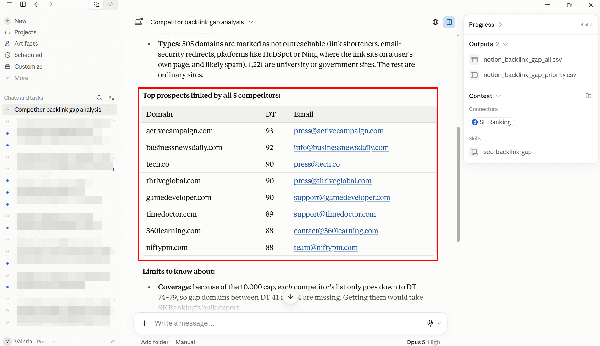 Example of the Backlink Gap Analyzer report through MCP in Claude SE Ranking's Backlink Gap Analyzer report in Claude