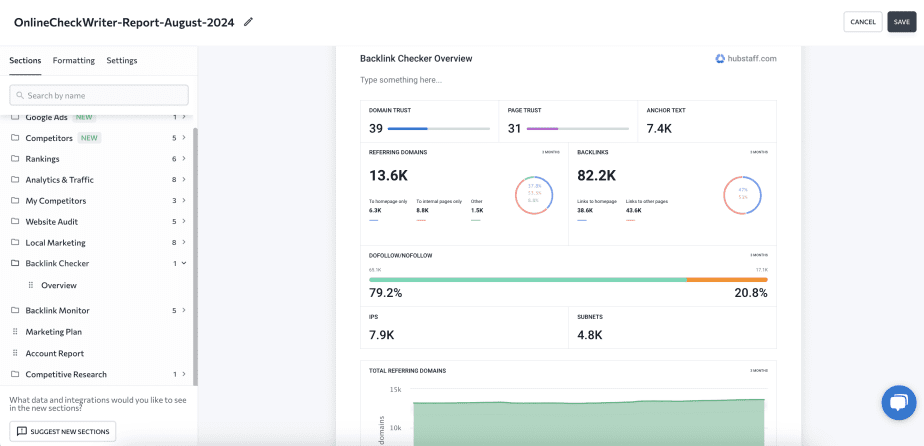 Backlink report section