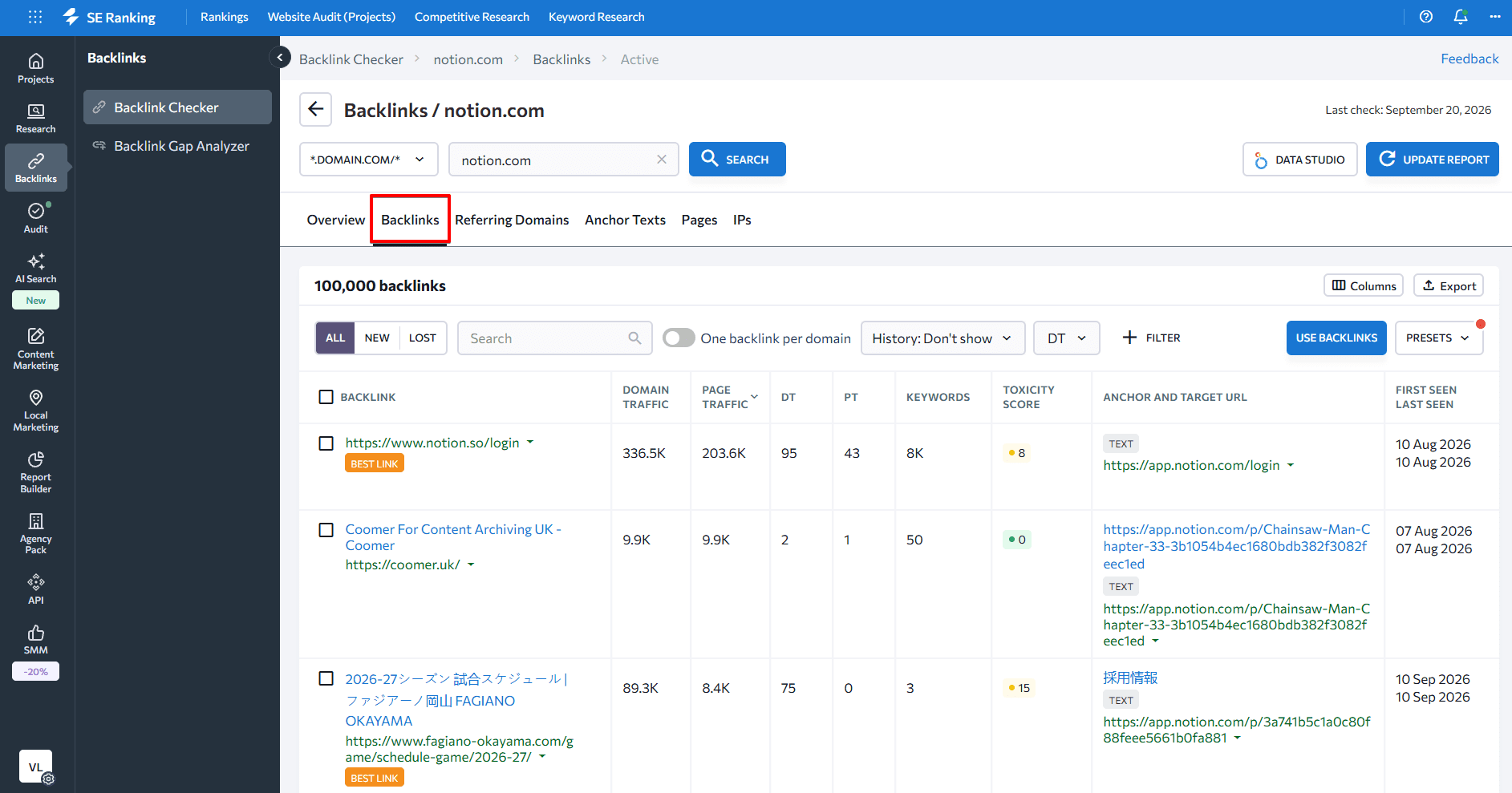 Navigate to the Backlinks tab at SE Ranking Backlinks section at SE Ranking