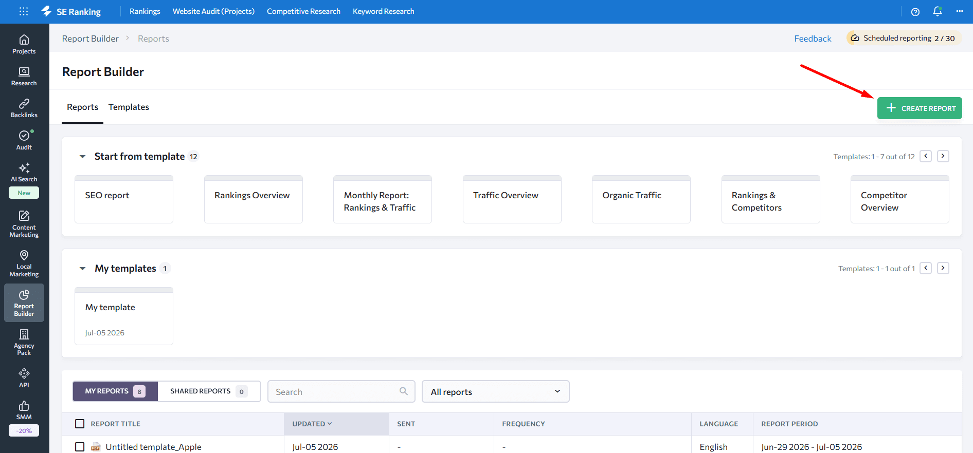 Creating reports in SE Ranking's Report Builder Creating reports in SE Ranking
