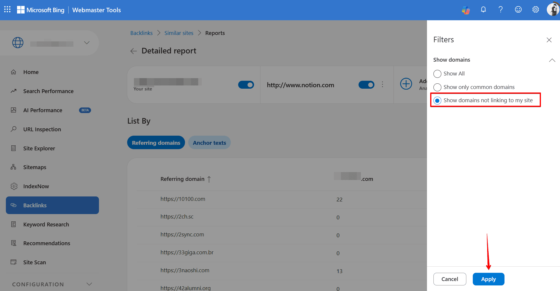 Creating filter for competitor backlink analysis in Bing Webmaster Tools Show domains not linking to my site filter in Bing Webmaster Tools