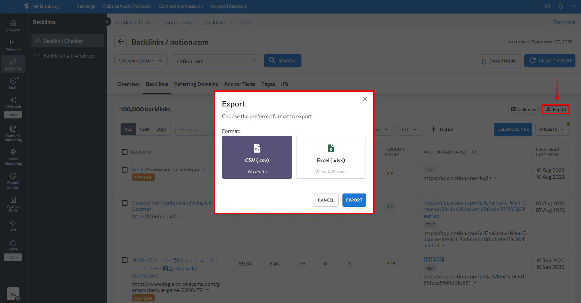 Export the list of backlinks from SE Ranking Export button at SE Ranking