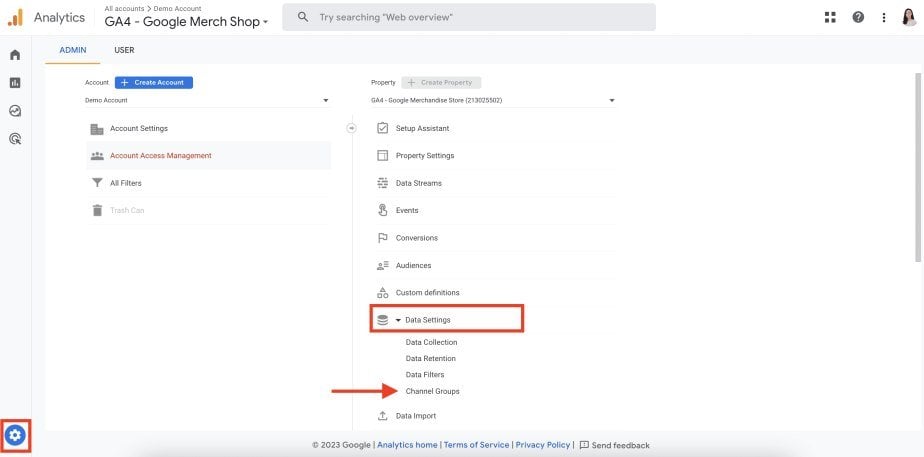 Open Channel Groups in GA4 Custom channel group in GA4 Admin panel