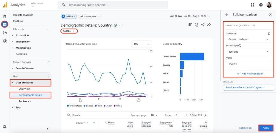 GA4 organic traffic by countries GA4 demographic details filtering