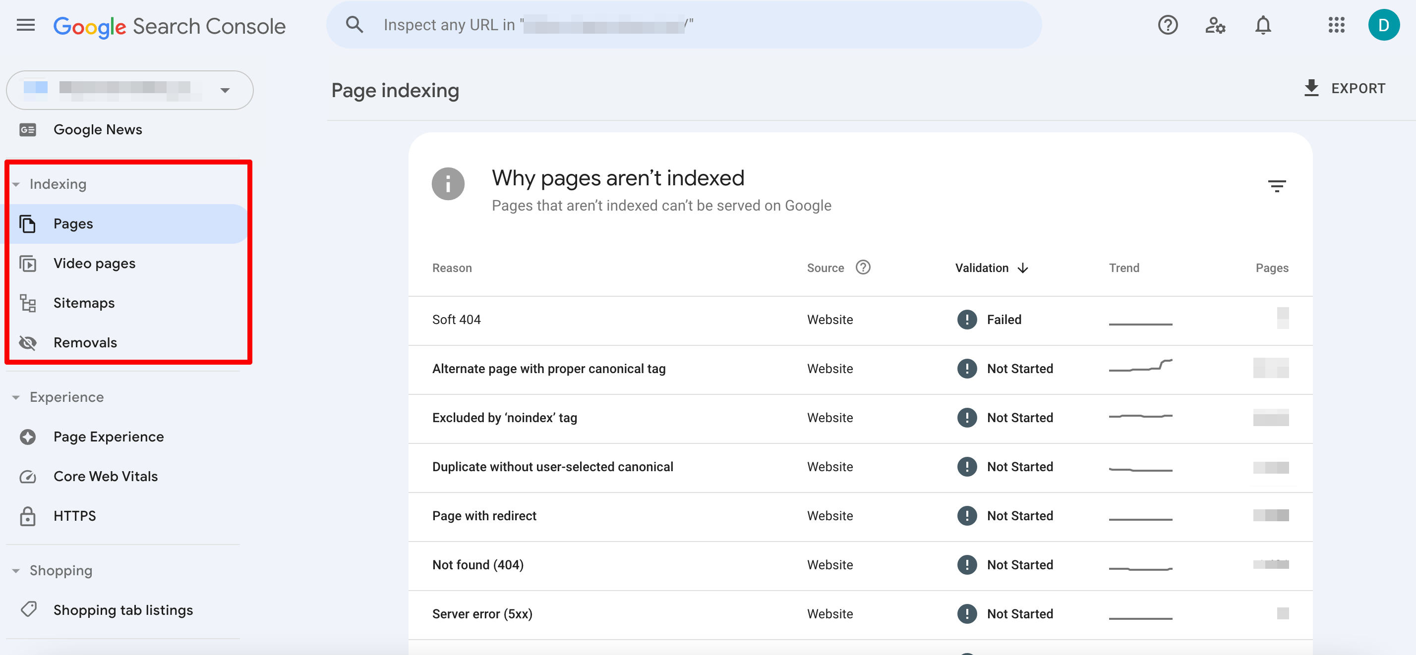 Indexing report in Google Search Console