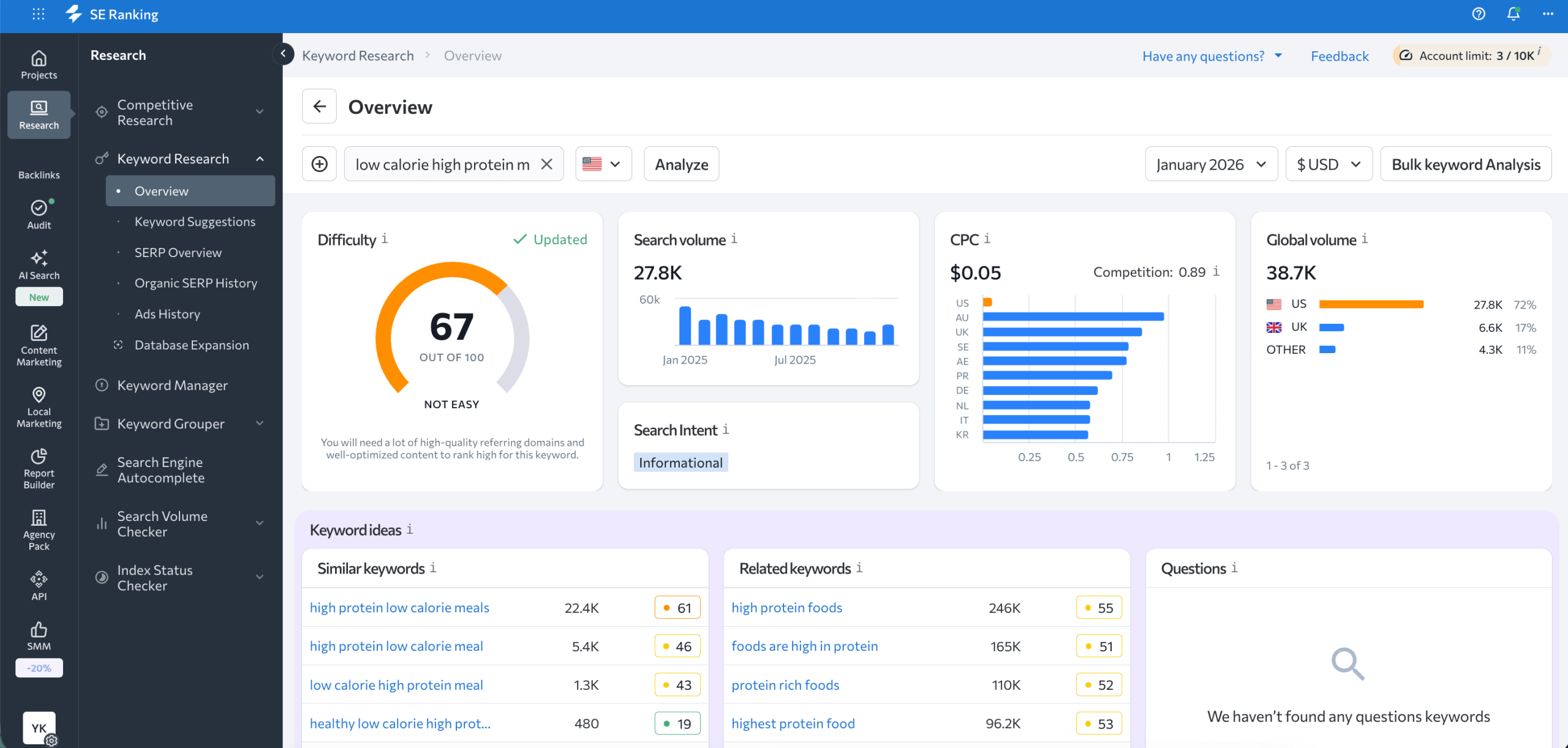 Open Keyword Research tool in SE Ranking Keyword Research tool in SE Ranking