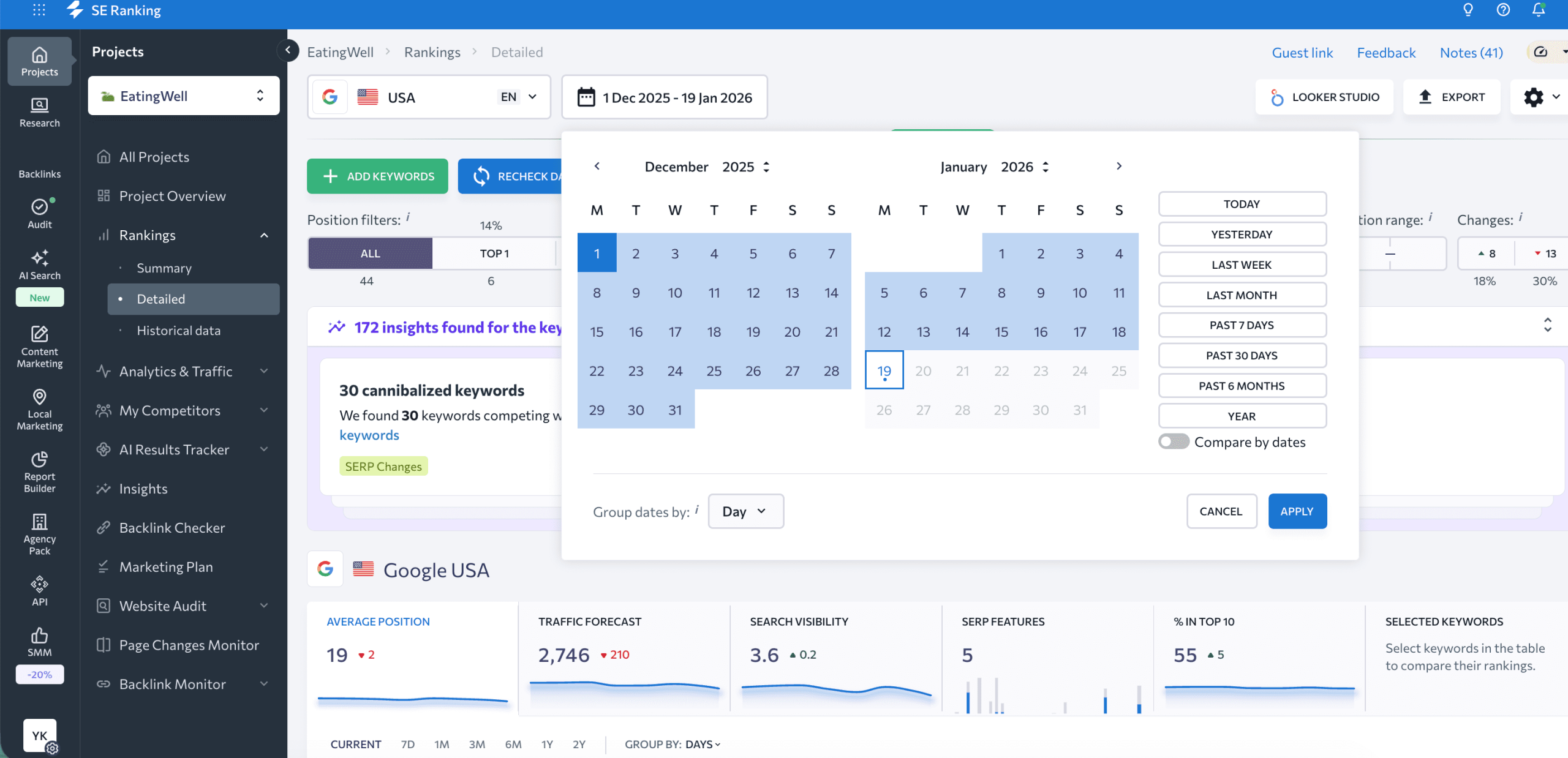 Choose timeframe for see keyword position changes Calendar in Rank Tracker