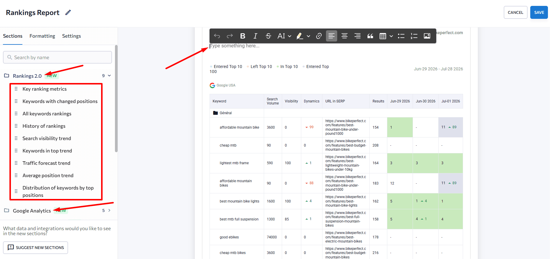 SE Ranking Report Builder Rankings section