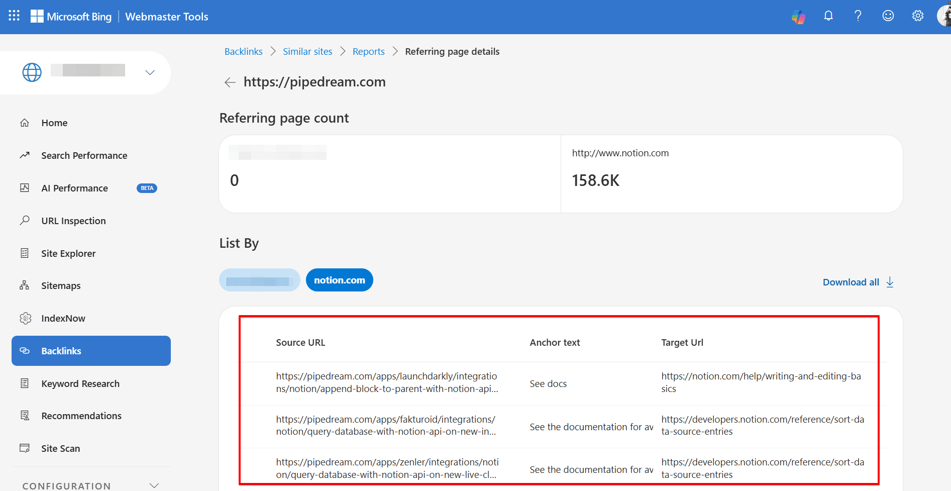 Checking the Referring page details in Bing Webmaster Tools Referring page details in Bing Webmaster Tools
