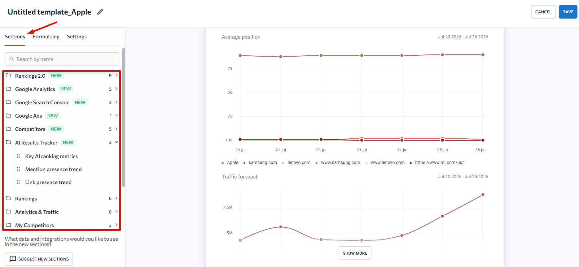 Sections inside SE Ranking Report Builder SE Ranking report sections