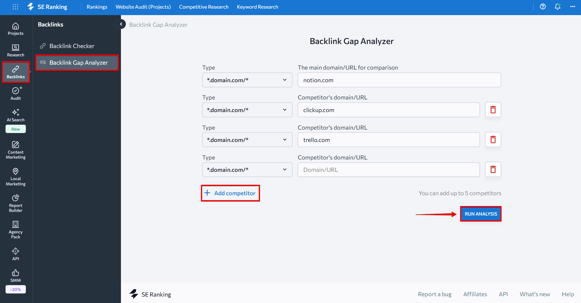 SE Ranking's Backlink Gap Analyzer settings SE Ranking's Backlink Gap Analyzer