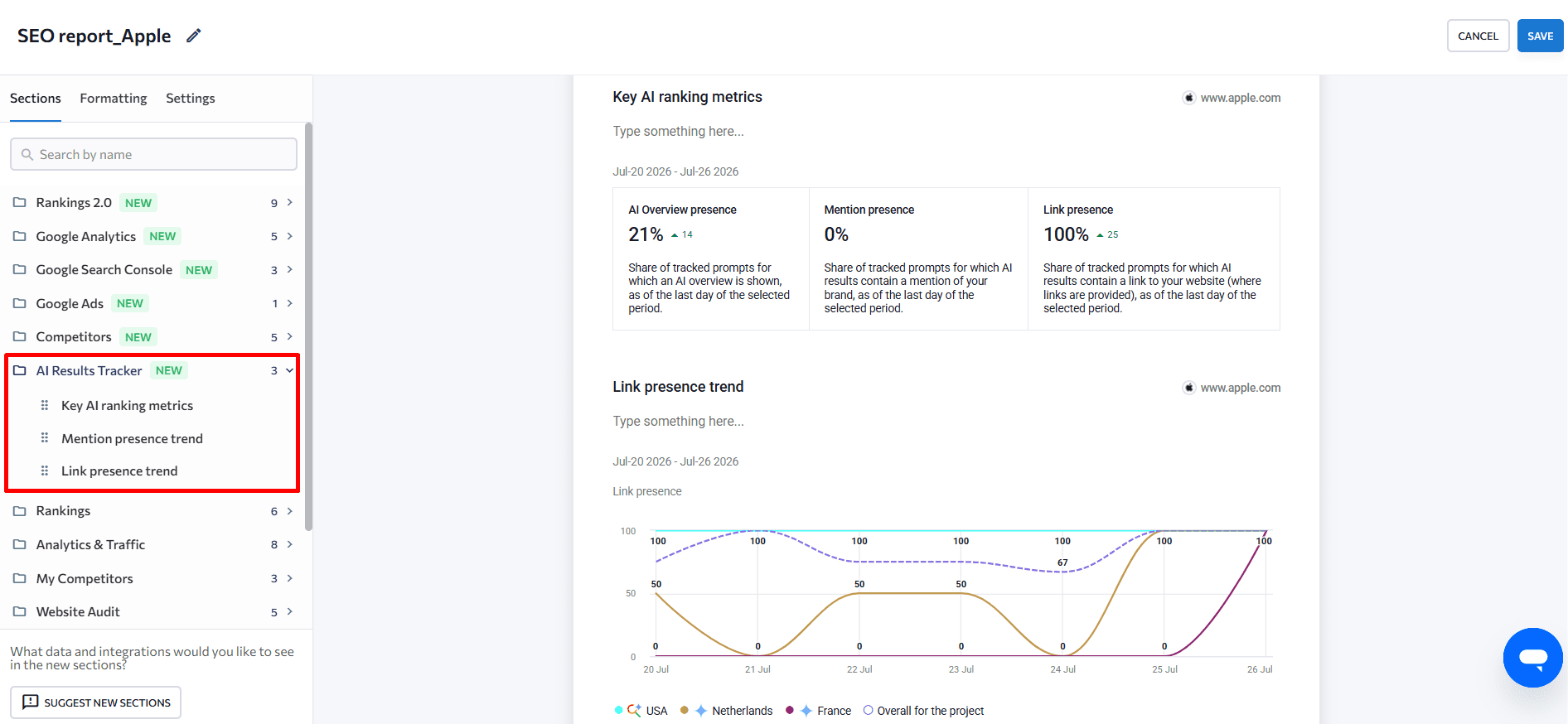 SE Ranking's Report Builder AI results section
