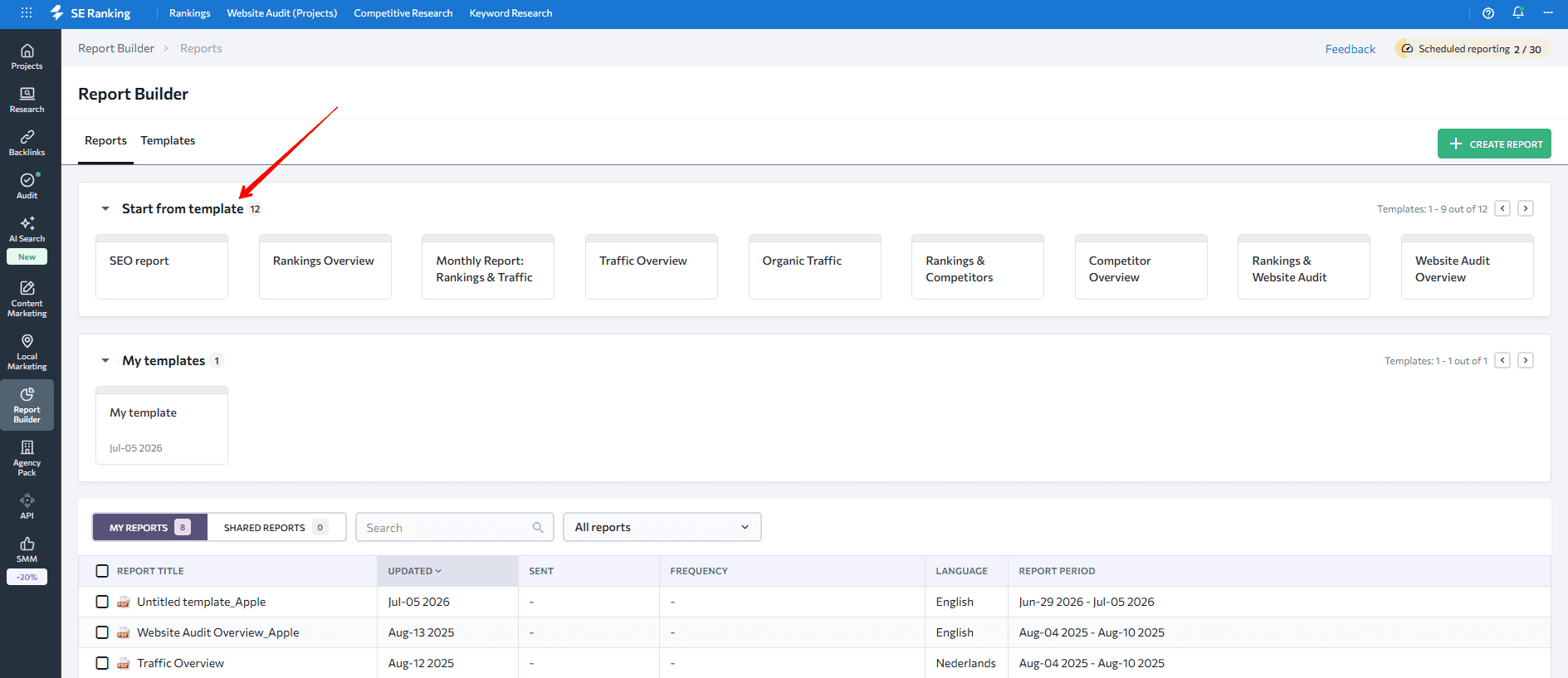 SE Ranking report builder templates