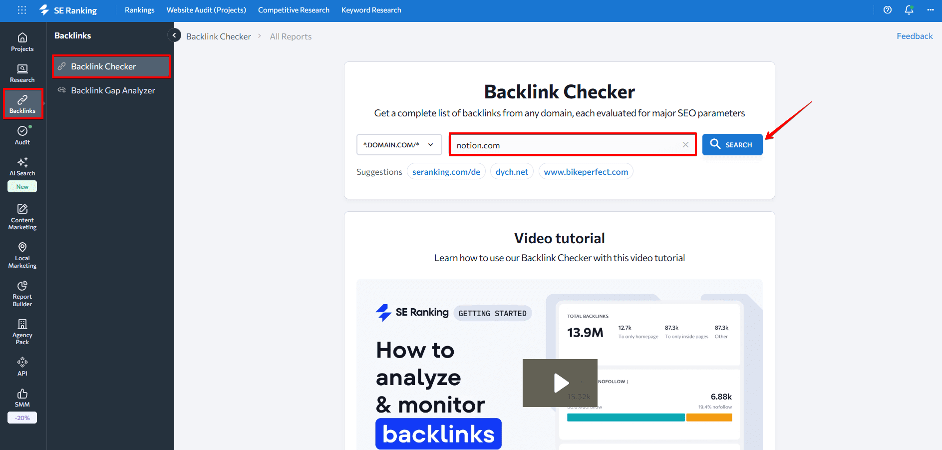 Enter the competitor's domain in SE Ranking's Backlink Checker SE Ranking's Backlink Checker