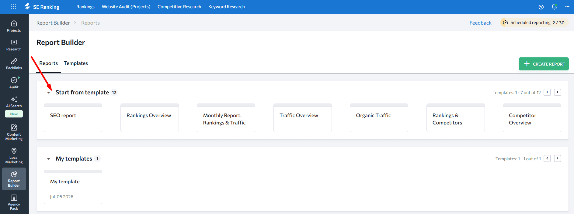 SE Ranking offers pre-built templates 