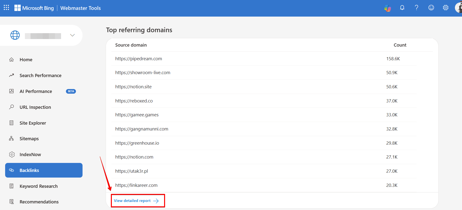 Checking top referring domains tab in Bing Webmaster Tools Top referring domains tab in Bing Webmaster Tools