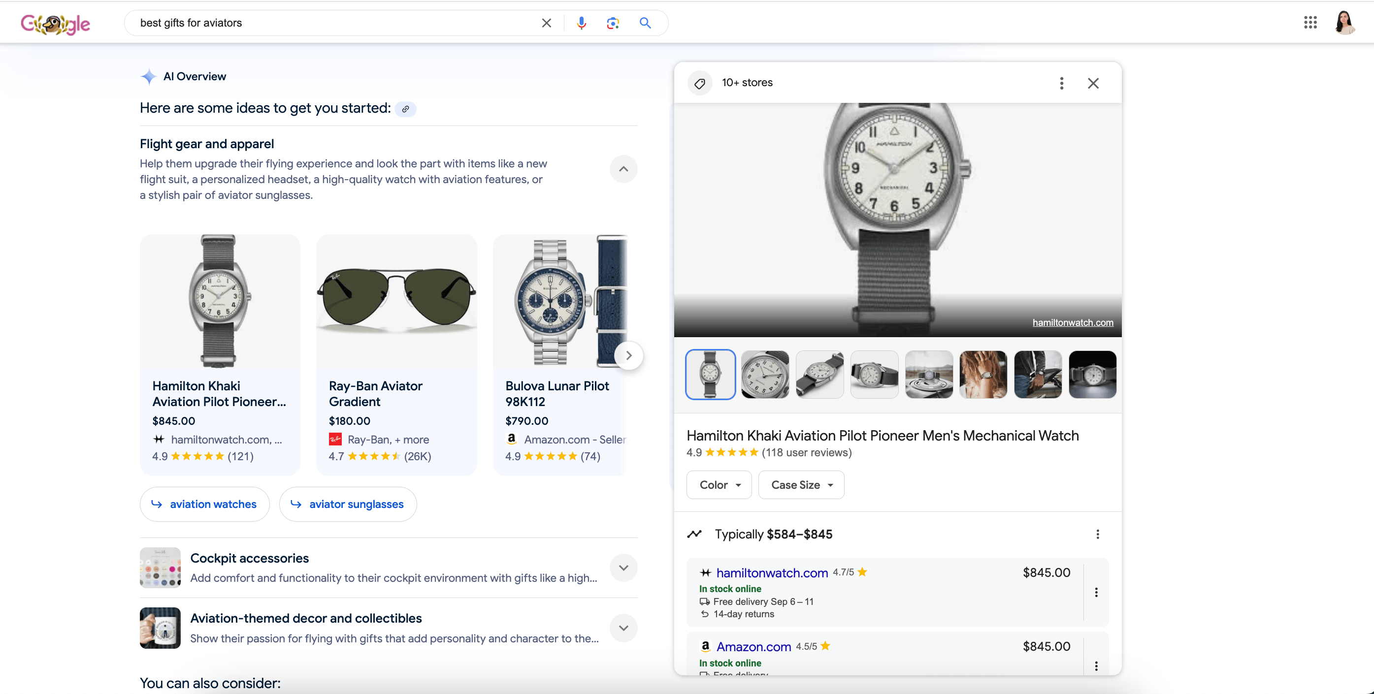 Example of shopping results inside an AI Overview