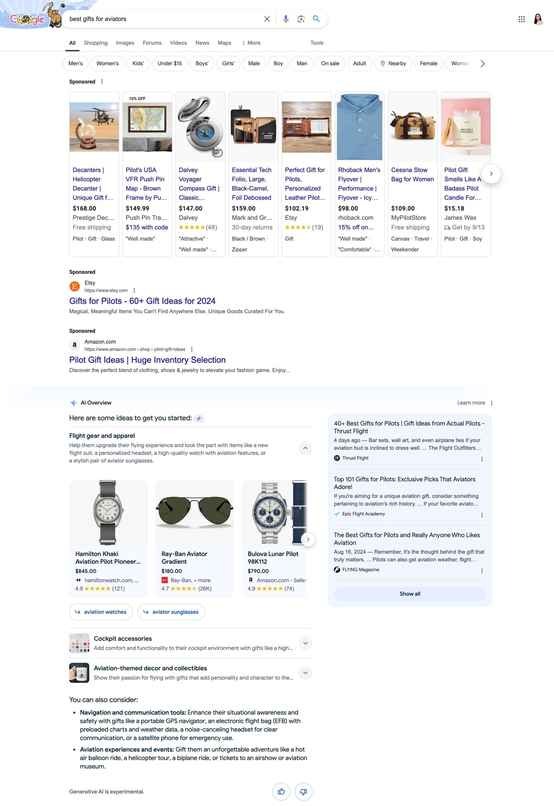 Example of different ads and an AI Overview with shopping results inside