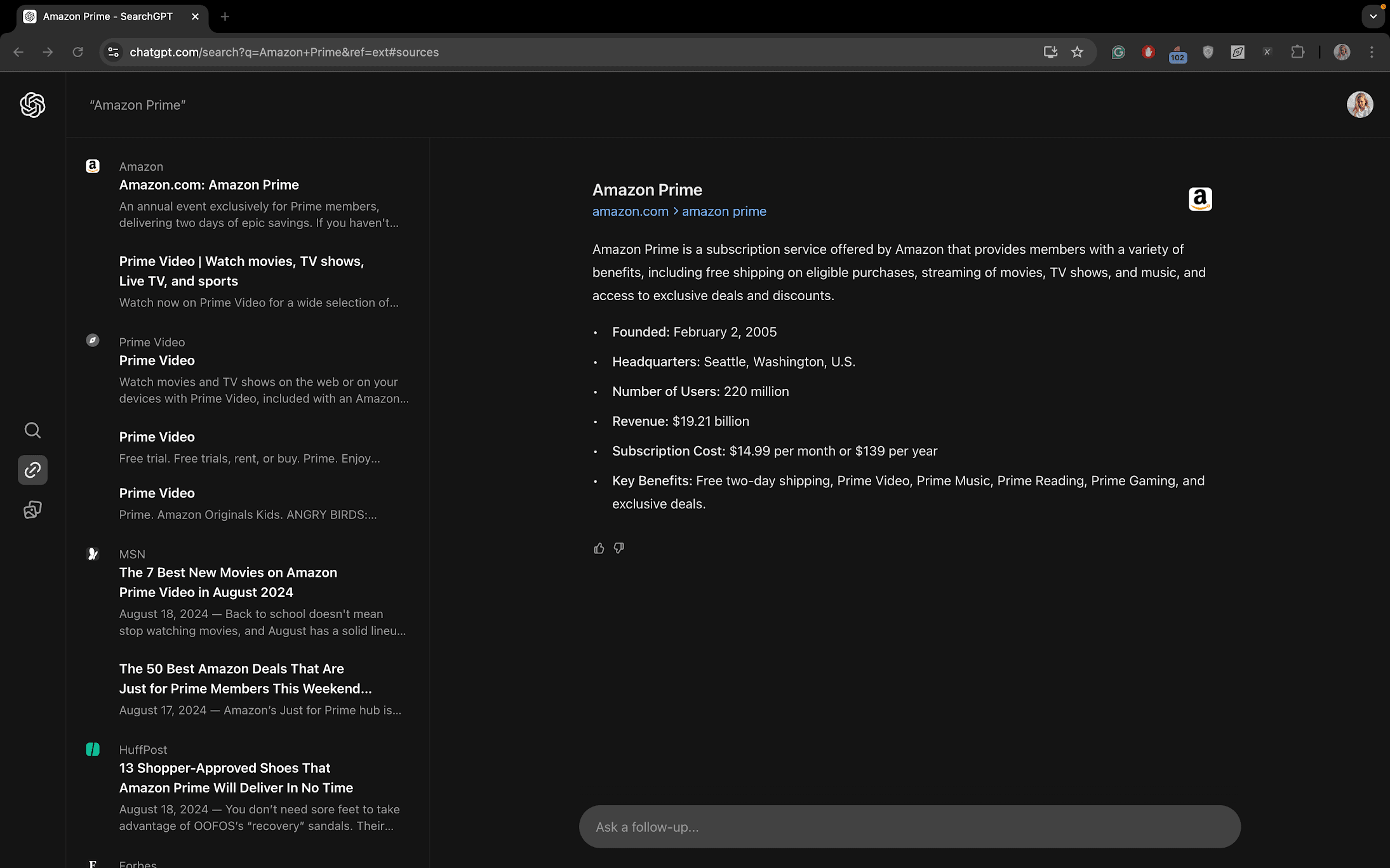 Results for query “Amazon Prime” in SearchGPT
