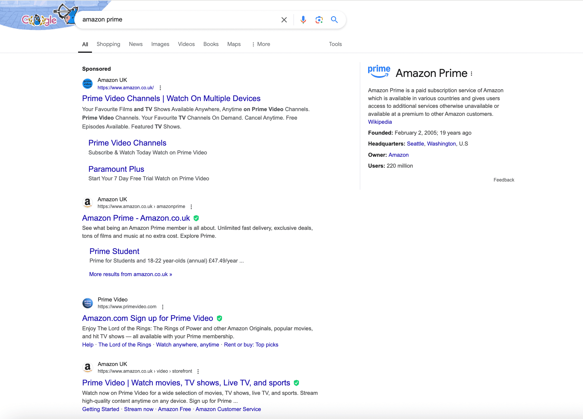 Results for query “Amazon Prime” in Google