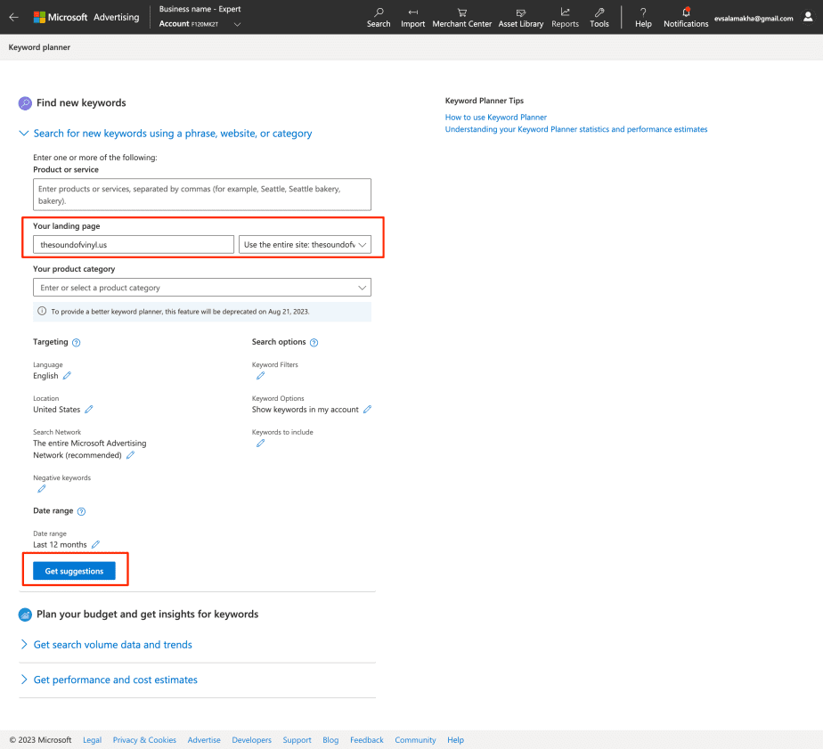 Add website and choose relevant settings in Bing Keyword Planner Bing Keyword Planner settings