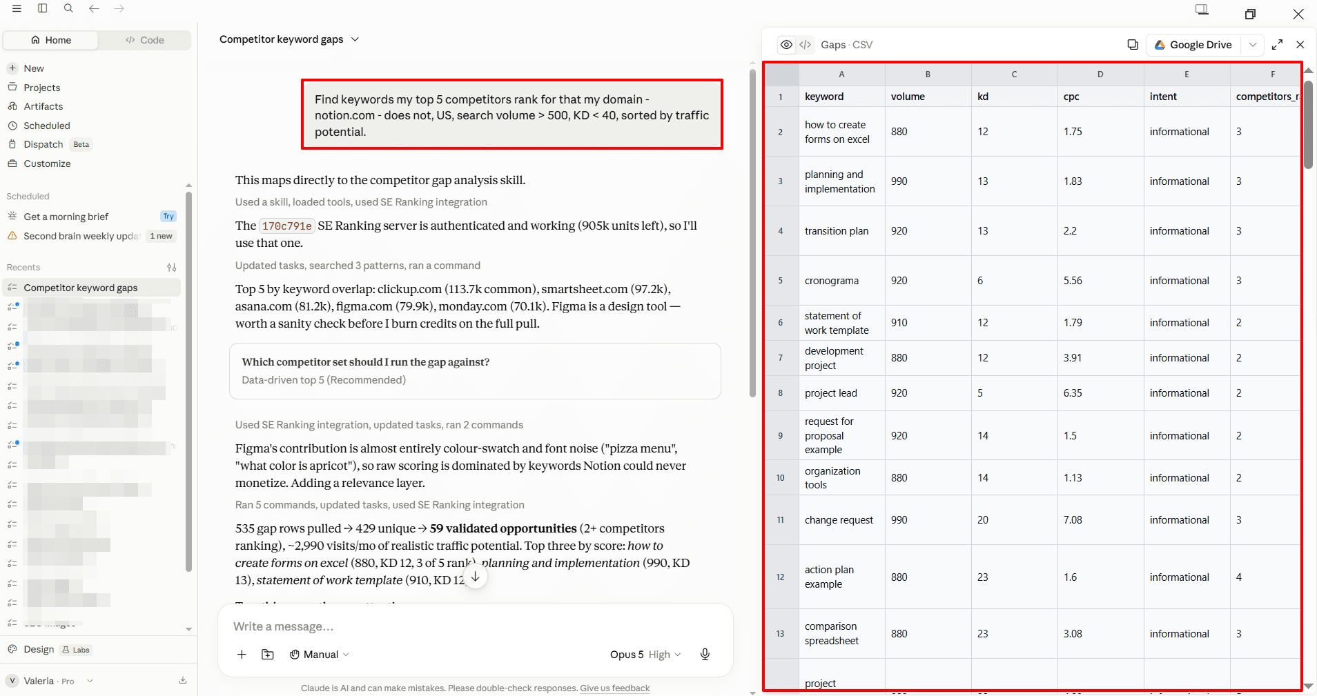 Keyword gap analysis in Claude Cowork through SE Ranking MCP Keyword gap analysis in Claude through SE Ranking MCP Connector
