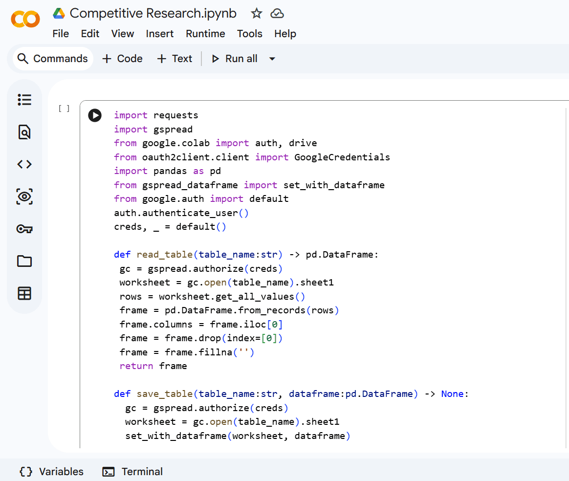 Competitive Research API code Competitive Research API script