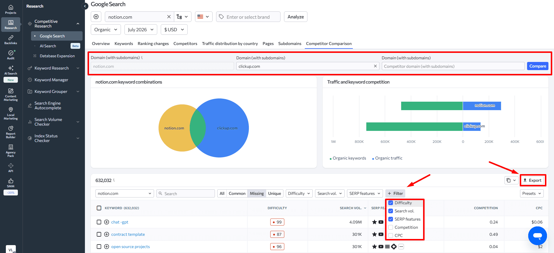 Competitor Comparison filtering Competitor Comparison filtering and export