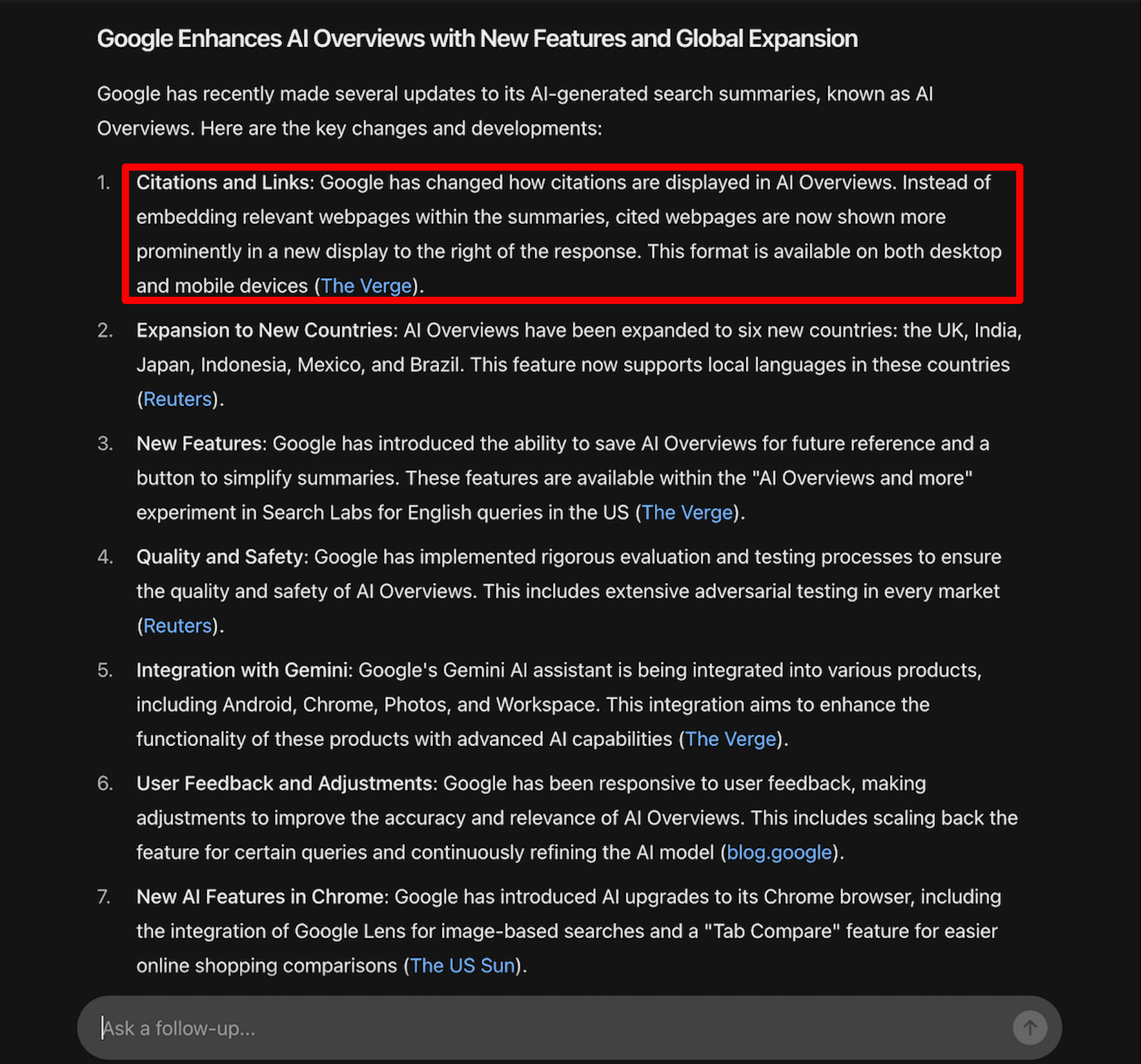 News items SearchGPT gave for the query “Google AI Overviews news.”